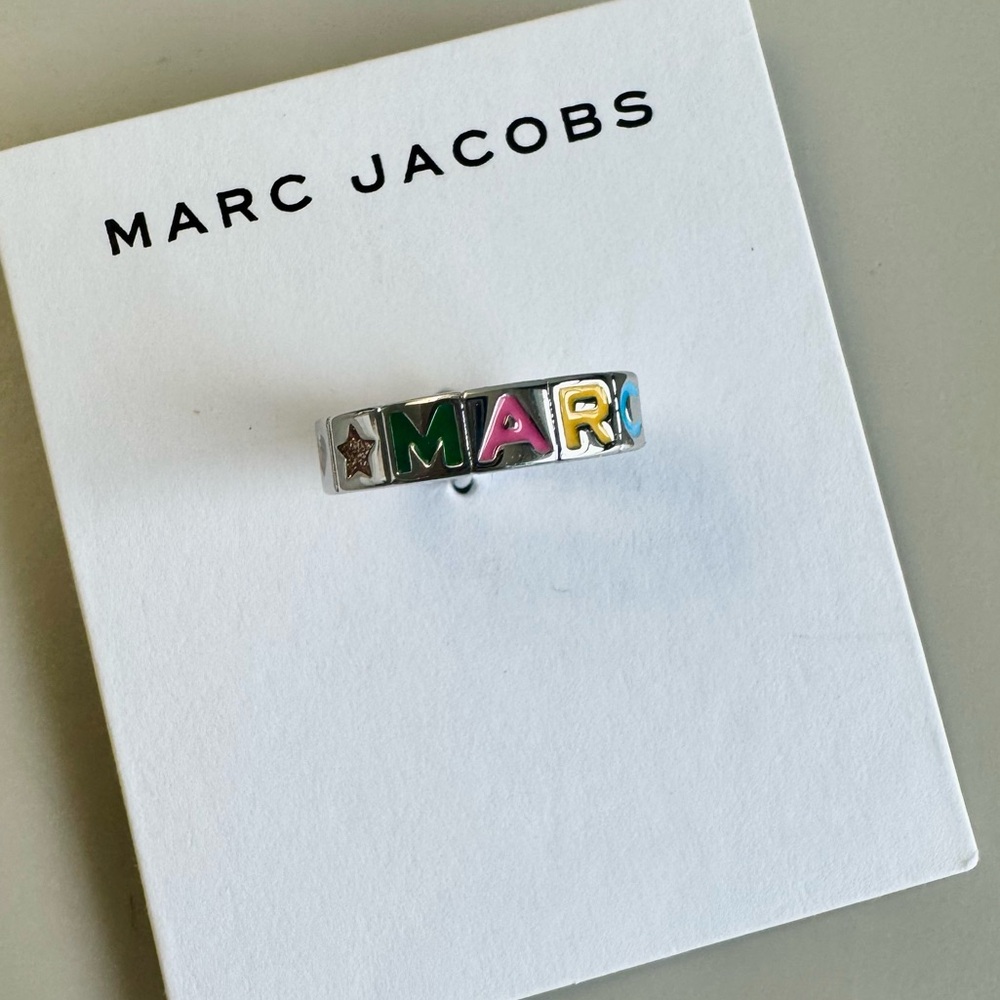 Marc Jacobs Designer Silver Ring with Colorful Logo NWT Size 7